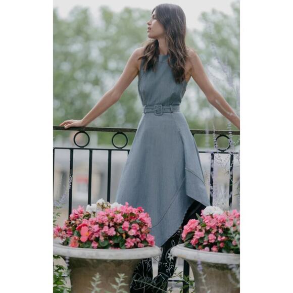 Cinq a Sept Zelda Belted Asymmetric Sleeveless Denim Midi Dress US 4 - Picture 2 of 10